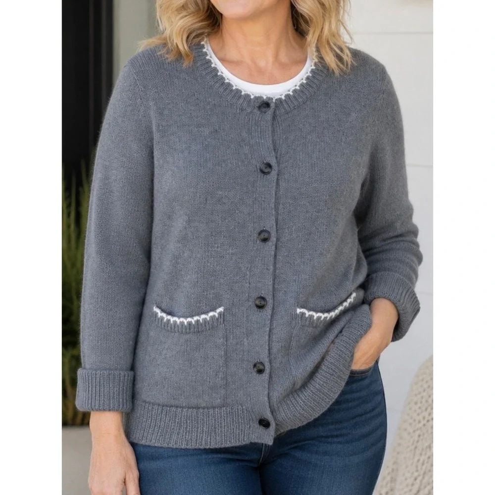 LOFT Gray Button Front Cardigan XL NWT Scalloped Trim Pockets Sweater